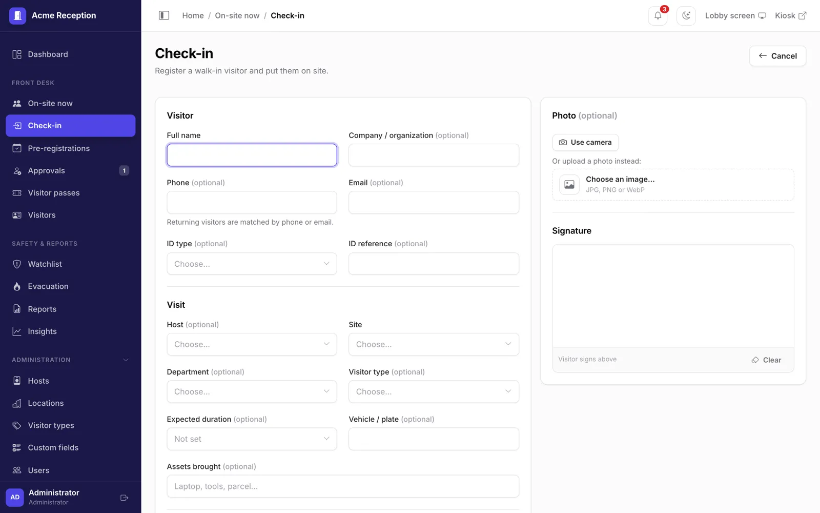 Arrivo — Visitor management system