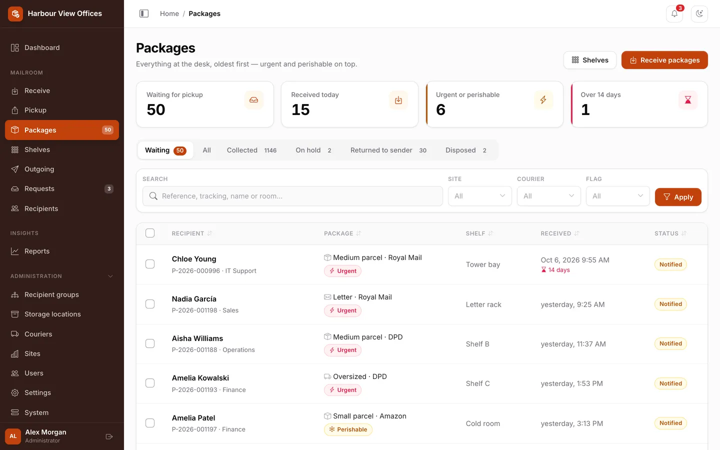 Packages with filters and bulk actions