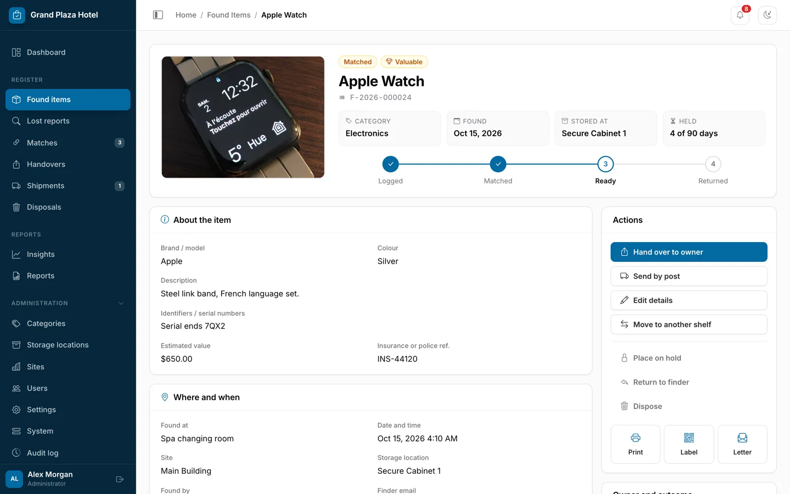 An item, its status timeline and actions