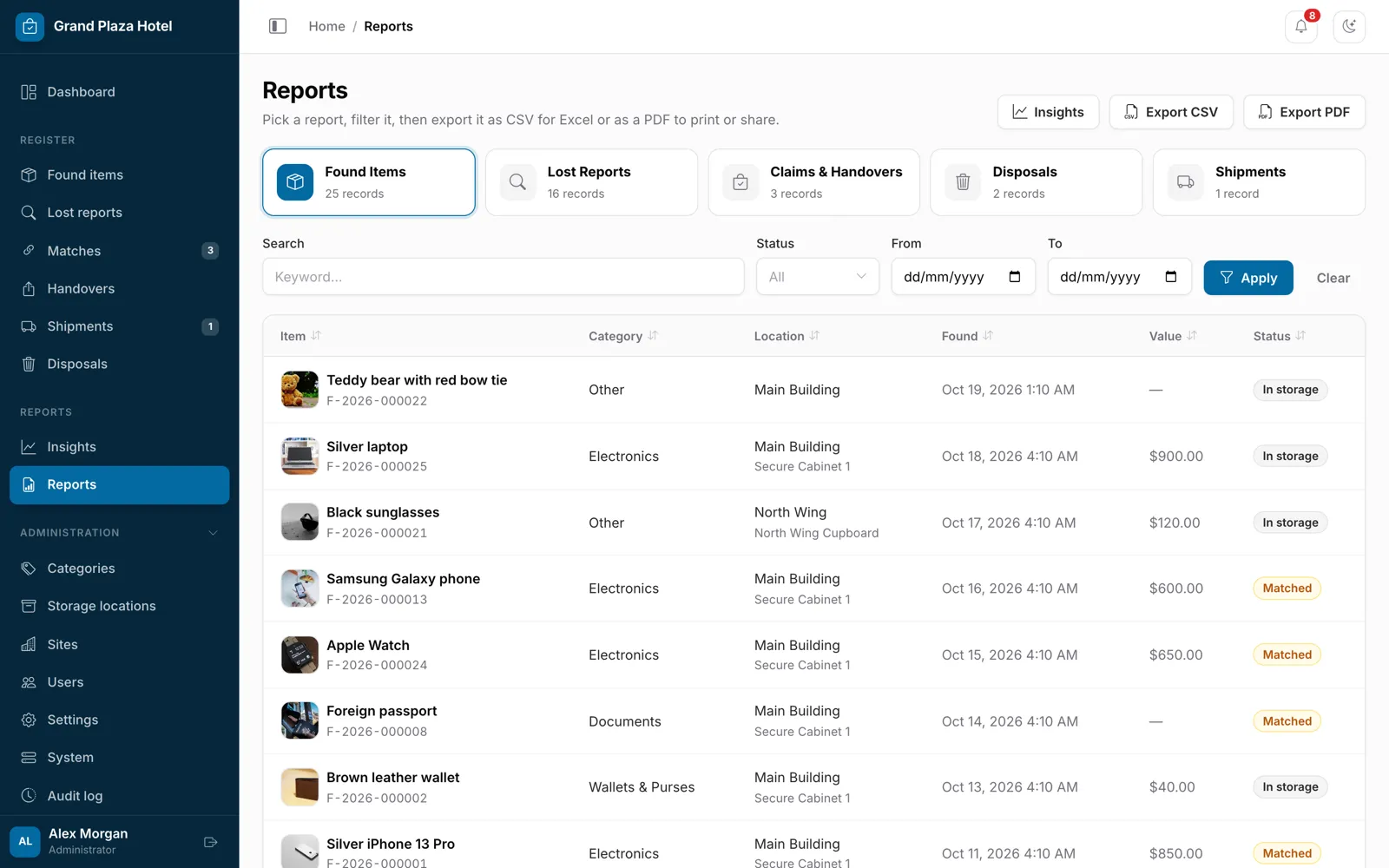 Registers with CSV and PDF export