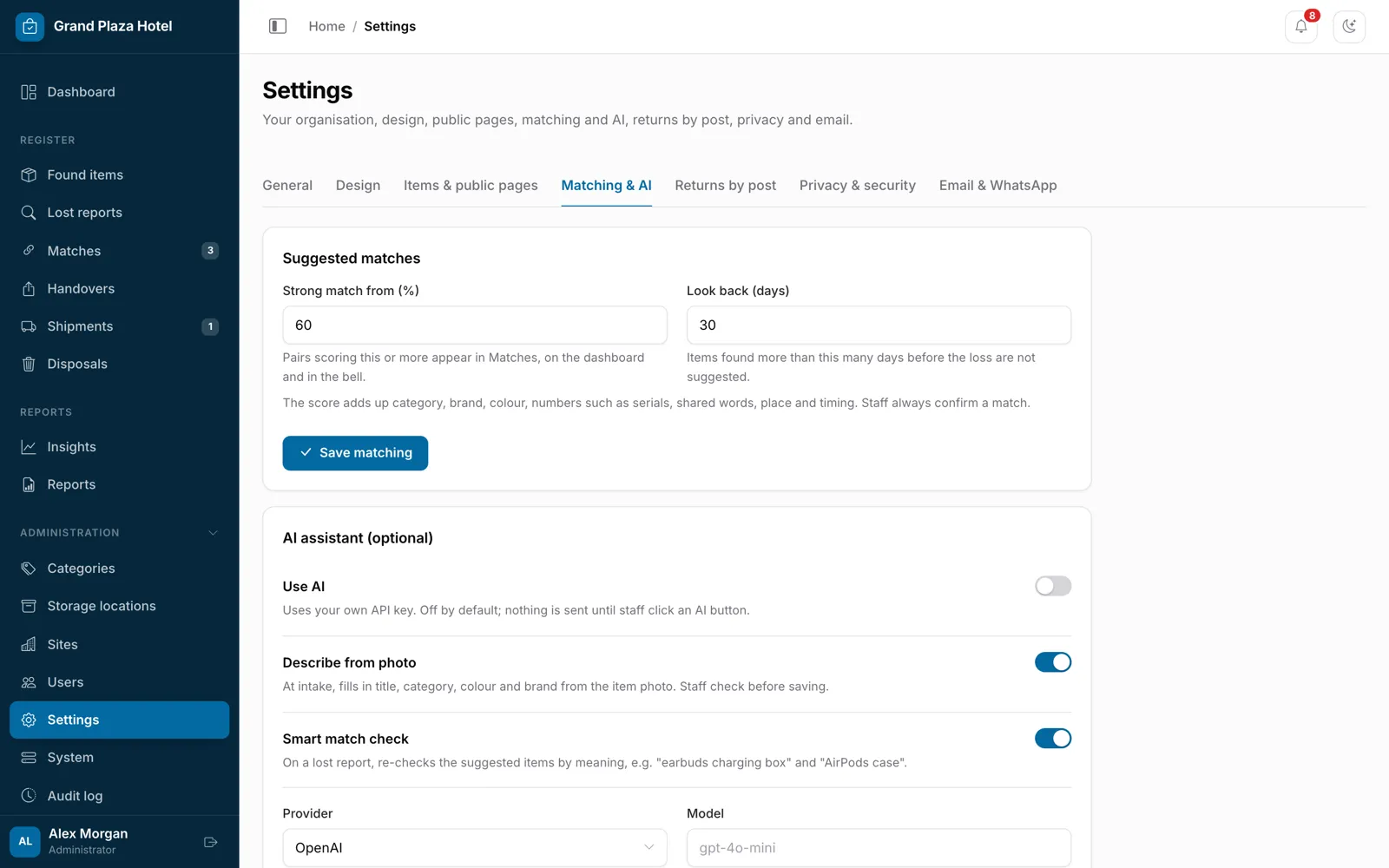 Matching and AI settings