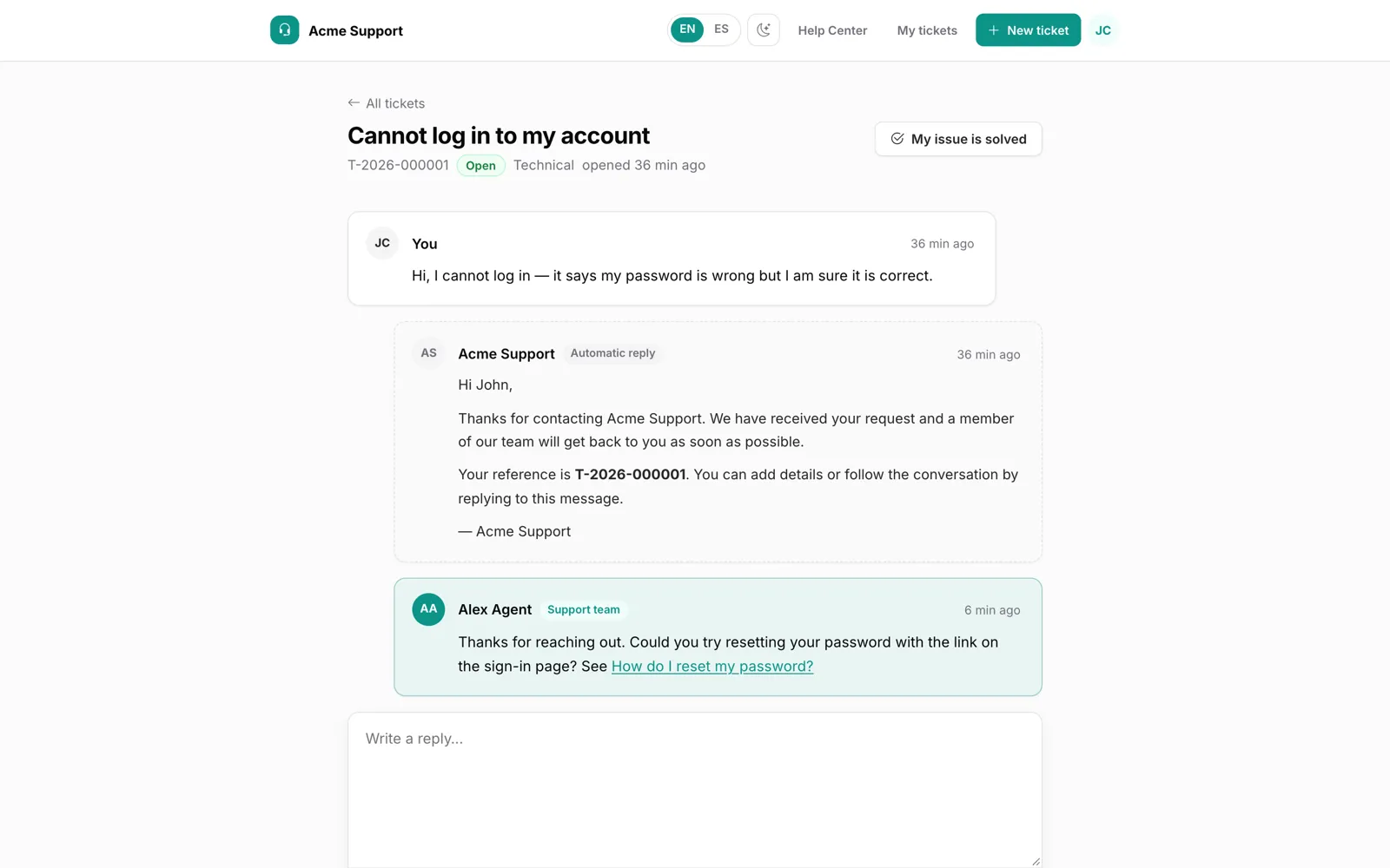 Customer view of a ticket